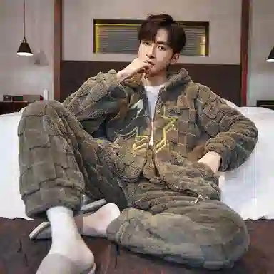 兰缪 秋冬季珊瑚绒睡衣 加厚加绒家居服 家居套装  男款  黑色