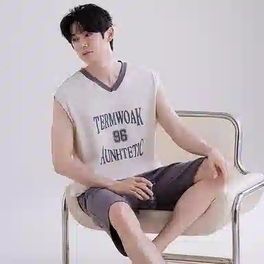 兰缪 撞色圆领无袖背心中腰裤子睡衣套装 男款 灰色