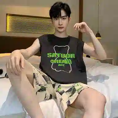 兰缪 撞色圆领无袖背心中腰裤子睡衣套装 男款 灰色