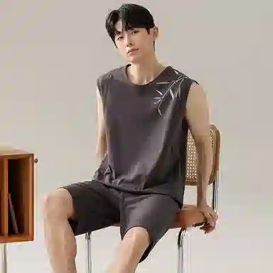 兰缪 撞色圆领无袖背心中腰裤子睡衣套装 男款 灰色