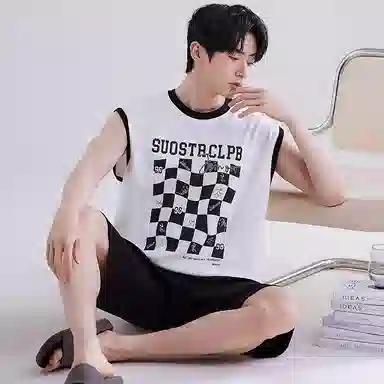 兰缪 撞色圆领无袖背心中腰裤子睡衣套装 男款 灰色