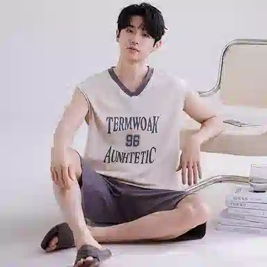 兰缪 撞色圆领无袖背心中腰裤子睡衣套装 男款 灰色