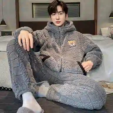 兰缪 秋冬季珊瑚绒睡衣 加厚加绒家居服 家居套装  男款  黑色