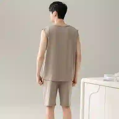 兰缪 撞色圆领无袖背心中腰裤子睡衣套装 男款 灰色