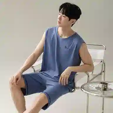 兰缪 撞色圆领无袖背心中腰裤子睡衣套装 男款 灰色