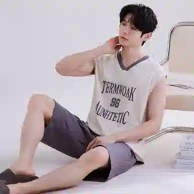 兰缪 撞色圆领无袖背心中腰裤子睡衣套装 男款 灰色