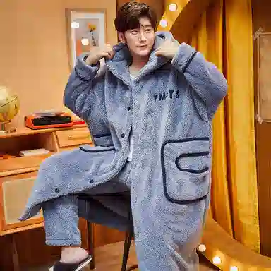 兰缪 秋冬季珊瑚绒男生 睡衣 卡通大象加厚加绒可外穿家居服睡衣套装 男款 黑色