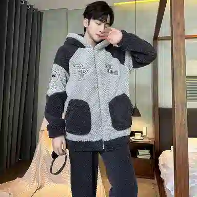 兰缪 秋冬季珊瑚绒睡衣 加厚加绒家居服 家居套装  男款  黑色