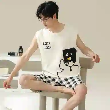 兰缪 撞色圆领无袖背心中腰裤子睡衣套装 男款 灰色