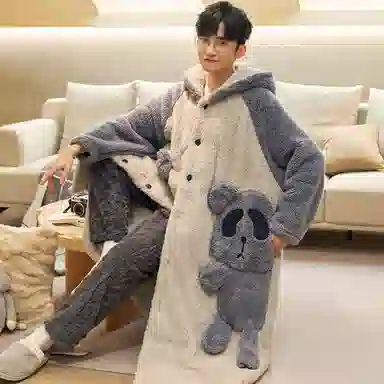 兰缪 秋冬季珊瑚绒男生 睡衣 卡通大象加厚加绒可外穿家居服睡衣套装 男款 黑色