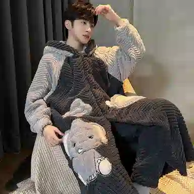 兰缪 秋冬季珊瑚绒男生 睡衣 卡通大象加厚加绒可外穿家居服睡衣套装 男款 黑色