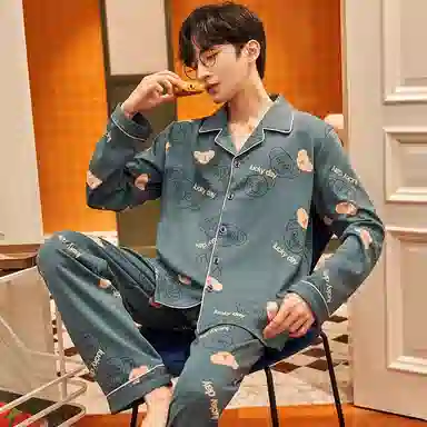 兰缪 纯棉卡通印花宽松睡衣套装 男款 蓝色