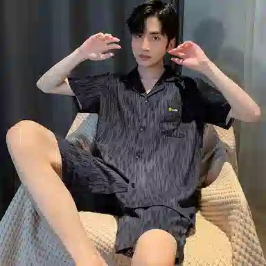 兰缪 时尚休闲单排扣翻领可外穿短袖上衣松紧腰短裤凉感冰丝睡衣套装 男款 黑灰色