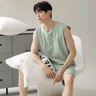 兰缪 撞色圆领无袖背心中腰裤子睡衣套装 男款 灰色