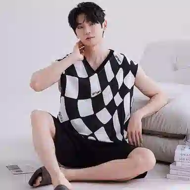 兰缪 撞色圆领无袖背心中腰裤子睡衣套装 男款 灰色