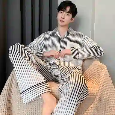 兰缪 条纹休闲宽松家居纽扣翻领睡衣套装 男款 灰白色