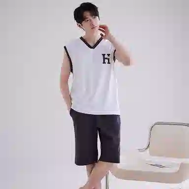 兰缪 撞色圆领无袖背心中腰裤子睡衣套装 男款 灰色