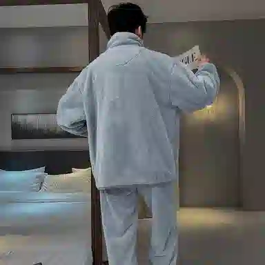 兰缪 秋冬季珊瑚绒男生睡衣 学生宿舍运动休闲加厚加绒家居服可外穿 家居套装  男款  白色