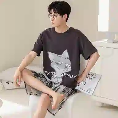 兰缪 卡通字母印花圆领套头短袖短裤睡衣套装 男款 灰色
