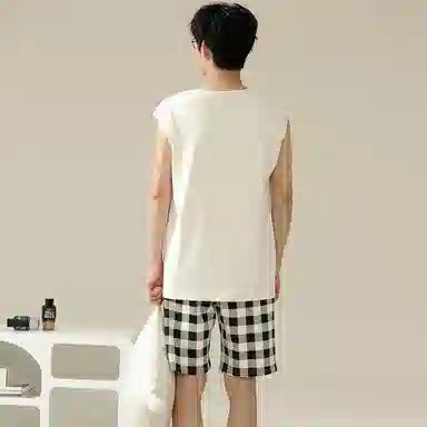 兰缪 撞色圆领无袖背心中腰裤子睡衣套装 男款 灰色