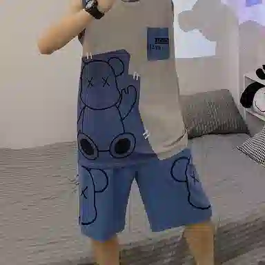 兰缪 撞色圆领无袖背心中腰裤子睡衣套装 男款 灰色