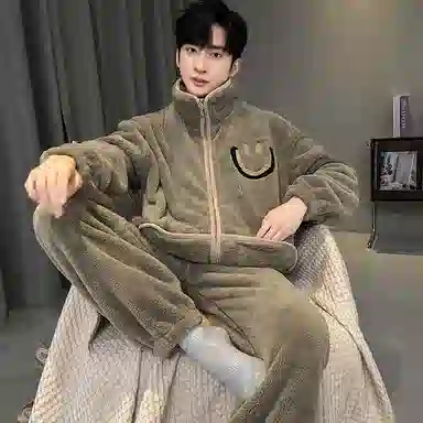 兰缪 秋冬季珊瑚绒男生睡衣 学生宿舍运动休闲加厚加绒家居服可外穿 家居套装  男款  白色