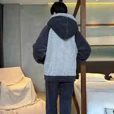 兰缪 秋冬季珊瑚绒睡衣 加厚加绒家居服 家居套装  男款  黑色