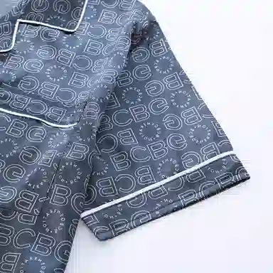 兰缪 简约亲肤舒适透气翻领开衫短袖休闲可外穿满印字母短裤长裤睡衣套装 男款 深蓝色