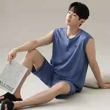 兰缪 撞色圆领无袖背心中腰裤子睡衣套装 男款 灰色