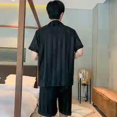 兰缪 简约凉感休闲可外穿短袖翻领上衣松紧腰短裤睡衣套装 男款 高级黑