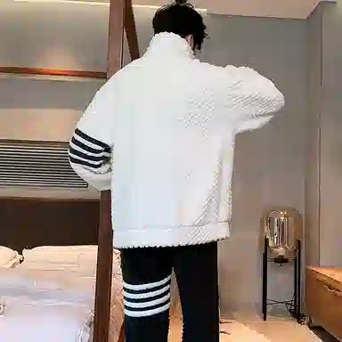 兰缪 秋冬季珊瑚绒男生睡衣 学生宿舍运动休闲加厚加绒家居服可外穿 家居套装  男款  白色