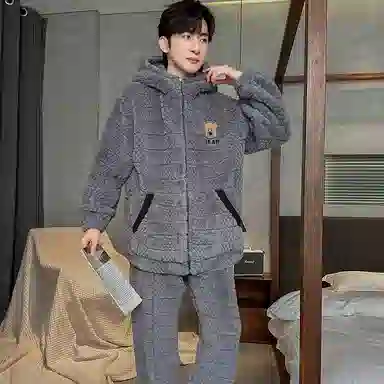 兰缪 秋冬季珊瑚绒睡衣 加厚加绒家居服 家居套装  男款  黑色