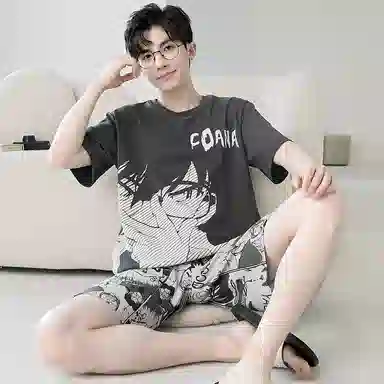 兰缪 卡通字母印花圆领套头短袖睡衣套装 男款 黑色