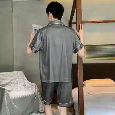 兰缪 简约凉感休闲可外穿短袖翻领上衣松紧腰短裤睡衣套装 男款 高级黑