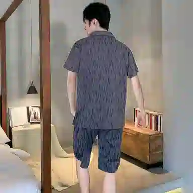兰缪 时尚休闲单排扣翻领可外穿短袖上衣松紧腰短裤凉感冰丝睡衣套装 男款 黑灰色