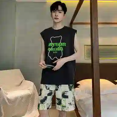 兰缪 撞色圆领无袖背心中腰裤子睡衣套装 男款 灰色