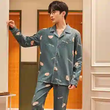 兰缪 纯棉卡通印花宽松睡衣套装 男款 蓝色