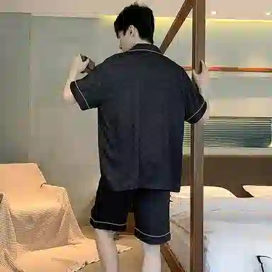 兰缪 简约亲肤舒适凉感翻领短袖开衫休闲可外穿短裤睡衣套装 男款 黑色