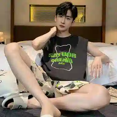 兰缪 撞色圆领无袖背心中腰裤子睡衣套装 男款 灰色