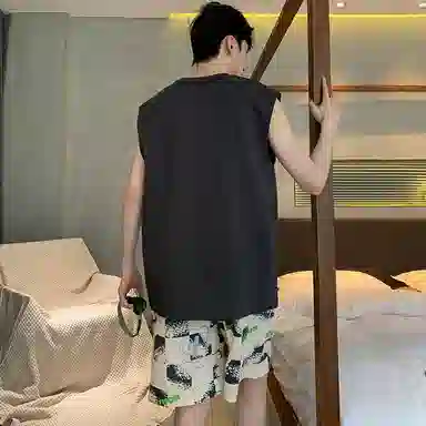 兰缪 撞色圆领无袖背心中腰裤子睡衣套装 男款 灰色