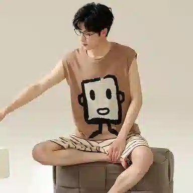 兰缪 卡通印花圆领套头无袖格子短裤睡衣套装 男款 褐色