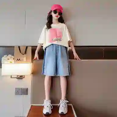 大童 蓝精灵 圆领短袖上衣舒适亲肤柔软纯色五分裤休闲运动套装 白色
