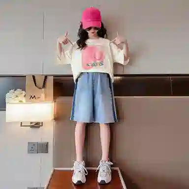 大童 蓝精灵 圆领短袖上衣舒适亲肤柔软纯色五分裤休闲运动套装 白色