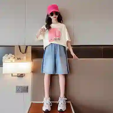 大童 蓝精灵 圆领短袖上衣舒适亲肤柔软纯色五分裤休闲运动套装 白色