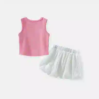 儿童款 蓝精灵 圆领套头无袖上衣纯色简约百搭裤子休闲运动套装 粉色