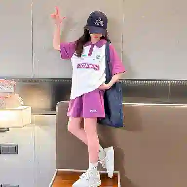 大童 蓝精灵 字母印花套头插肩短袖上衣松紧腰百搭短裤休闲运动套装 粉