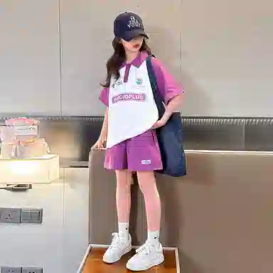 大童 蓝精灵 字母印花套头插肩短袖上衣松紧腰百搭短裤休闲运动套装 粉