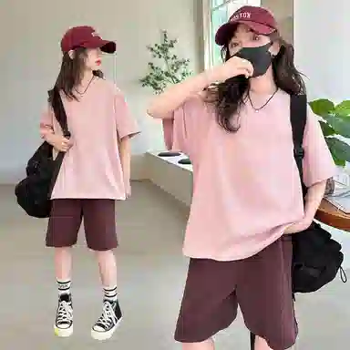 大童 蓝精灵 字母舒适柔软轻盈透气休闲运动套装 粉色