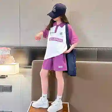 大童 蓝精灵 字母印花套头插肩短袖上衣松紧腰百搭短裤休闲运动套装 粉