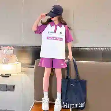 大童 蓝精灵 字母印花套头插肩短袖上衣松紧腰百搭短裤休闲运动套装 粉